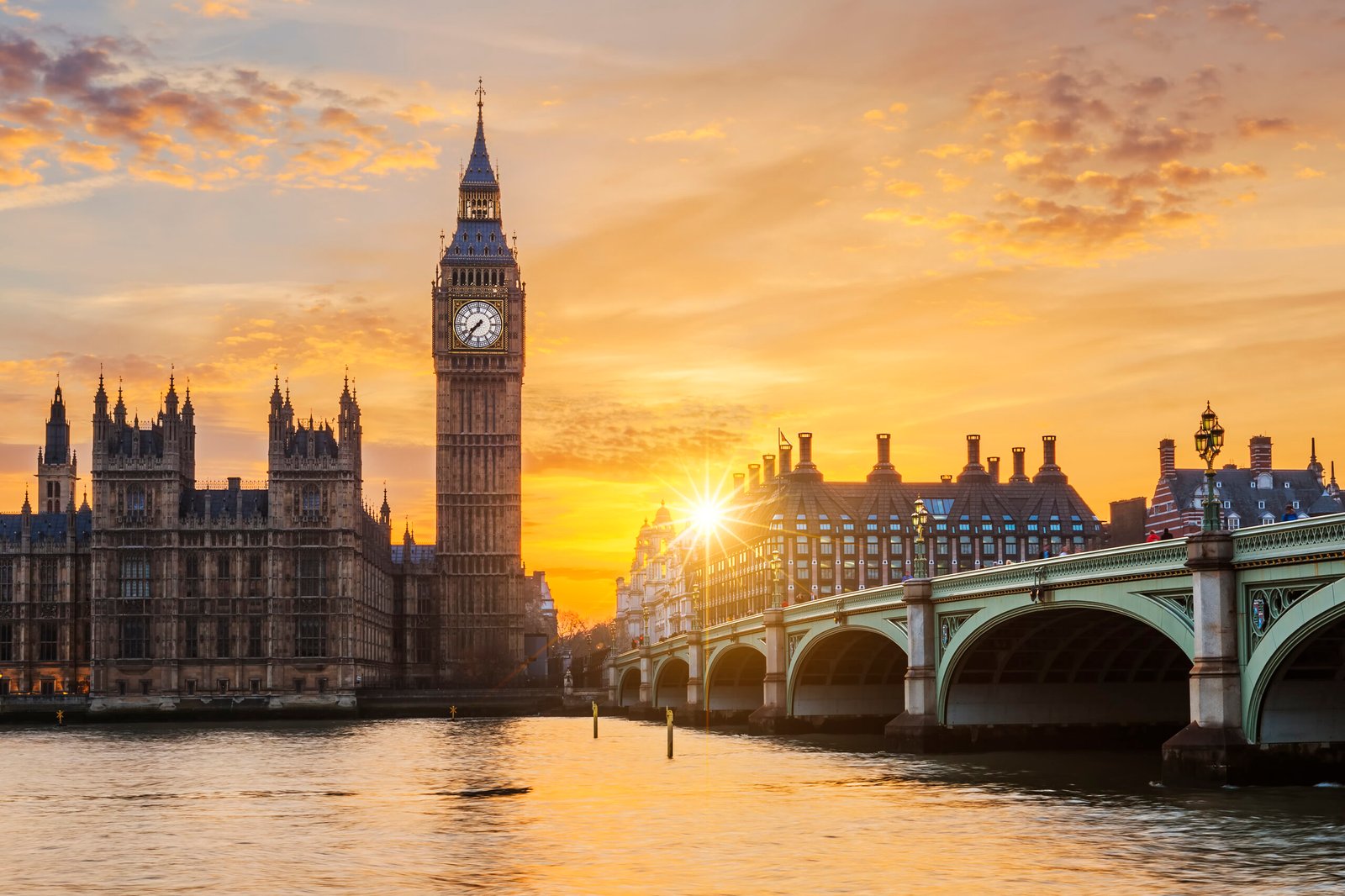 big ben and westminster bridge at sunset