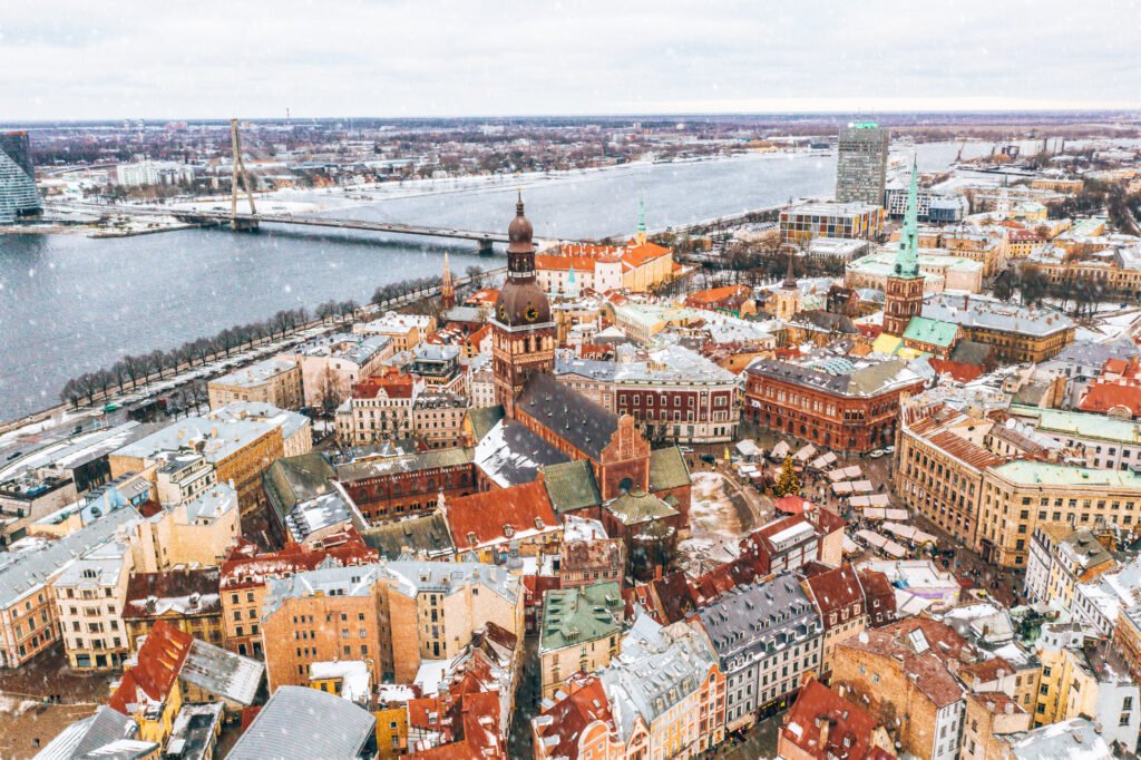 aerial view of the rooftops of the old city in riga, latvia in winter